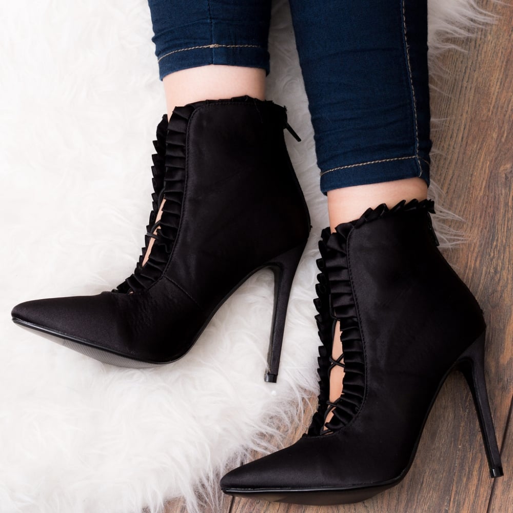 Black Satin Pointy Toe Stiletto Heels Ankle Boots Dress Shoes