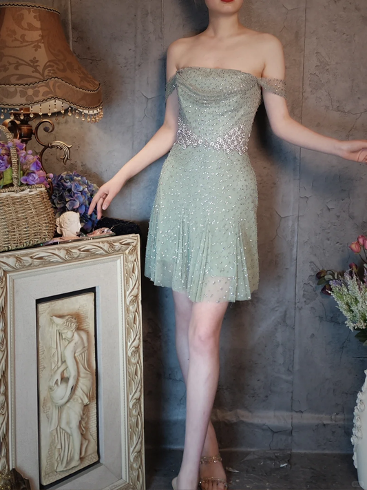 Vintage Light Green Off-the-shoulder Sparkling Beaded Design A-line Short Homecoming Dress TP4023