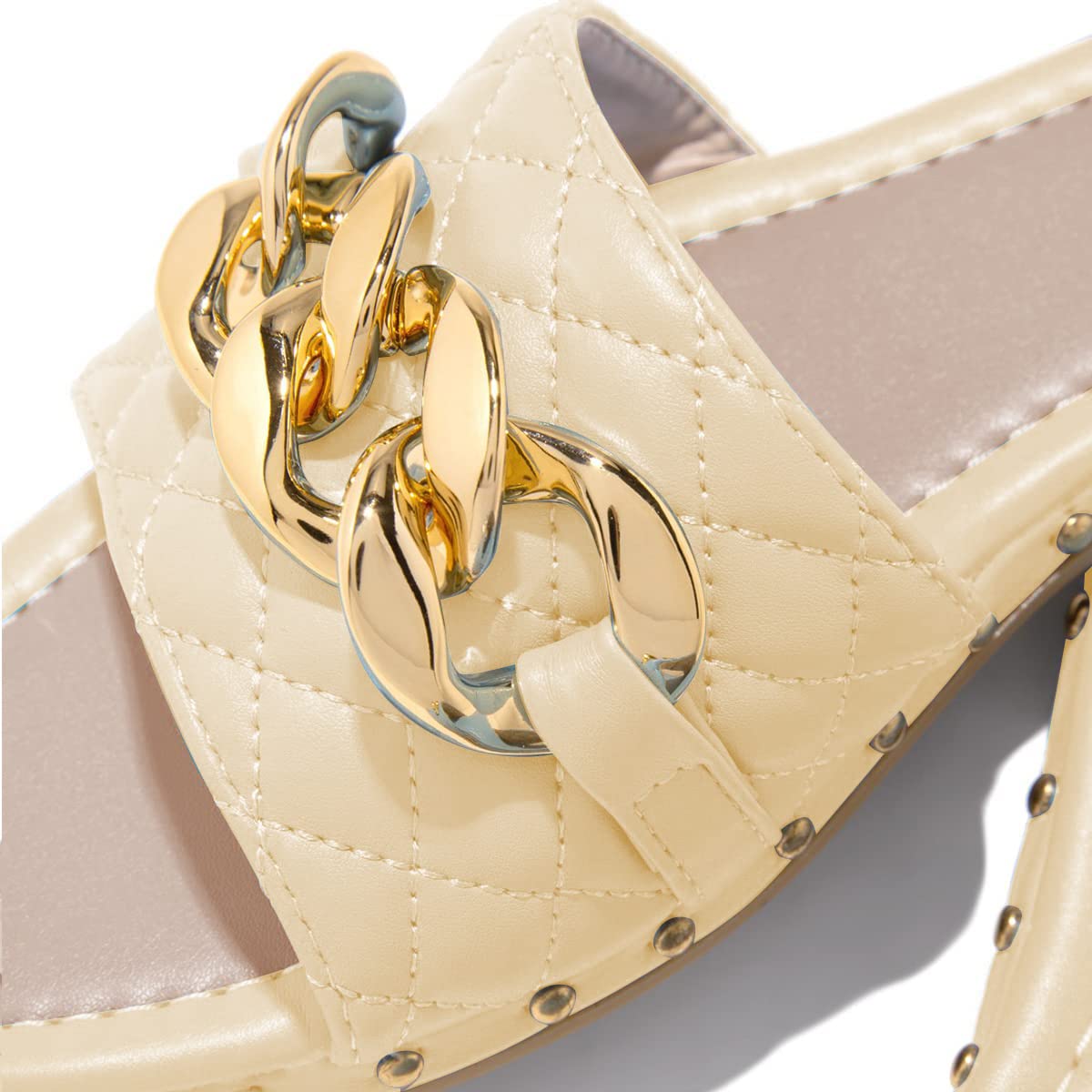 Beige Square Toe Flat Mule Sandals with Gold Chain