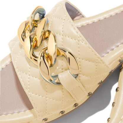 Beige Square Toe Flat Mule Sandals with Gold Chain