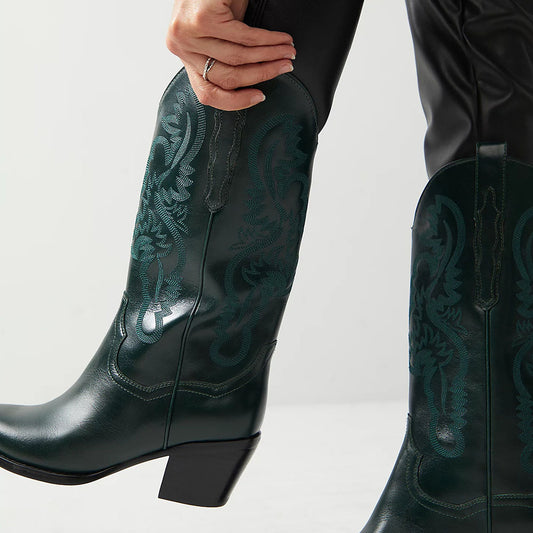 Dark Green Pointy Toe Embroidered Mid-Calf Cowgirl Boots for Women