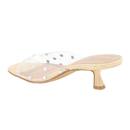 Beige Open Square Toe Rhinestone Kitten Heel Clear Mules Sandals