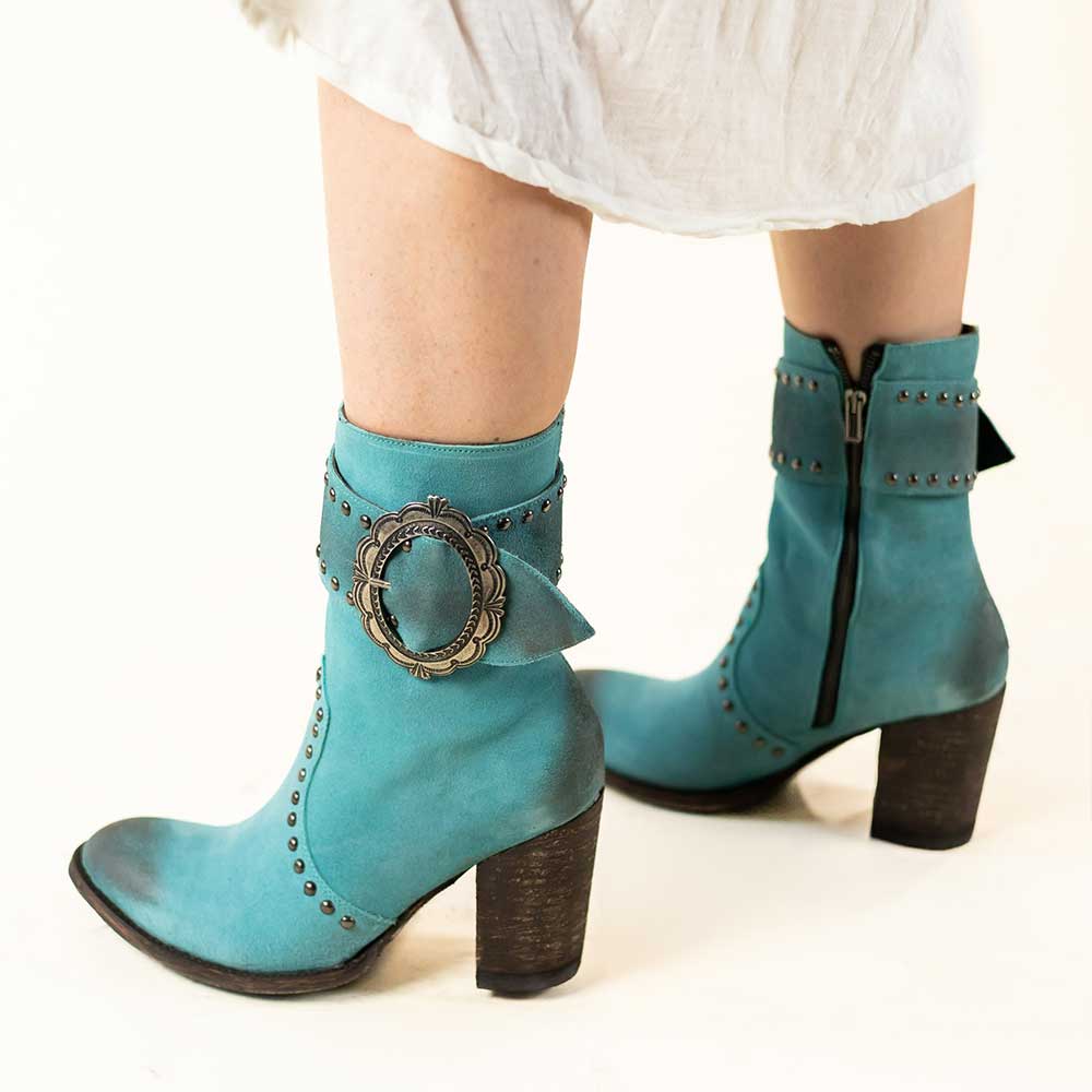 Turquoise Distressed Buckle Strap Chunky Heel Studded Mid Calf Boots