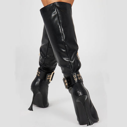 Black Flared Heel Grommets Buckled Knee High Boots with Gold Cap Toe