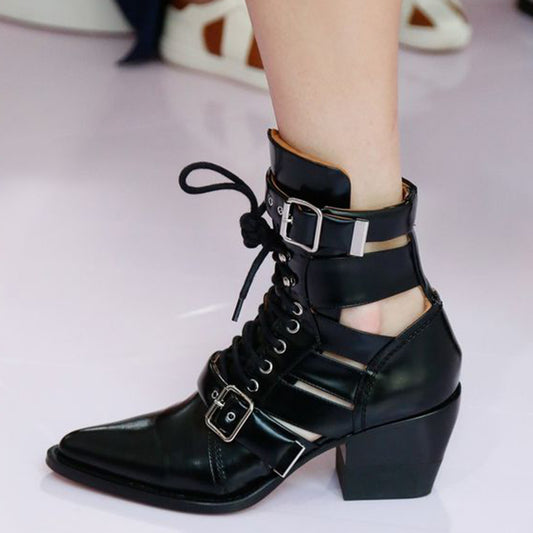 Black Gladiator Lace-Up Buckle Strap Pointed Toe Cut-Out Ankle Boots