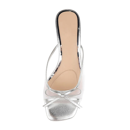 Women's Classy Silver Mesh Open Square Toe Bow Decor Mule Heels
