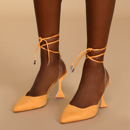 Yellow Faux Suede Pointed Toe Flared Heel Lace Up Pumps