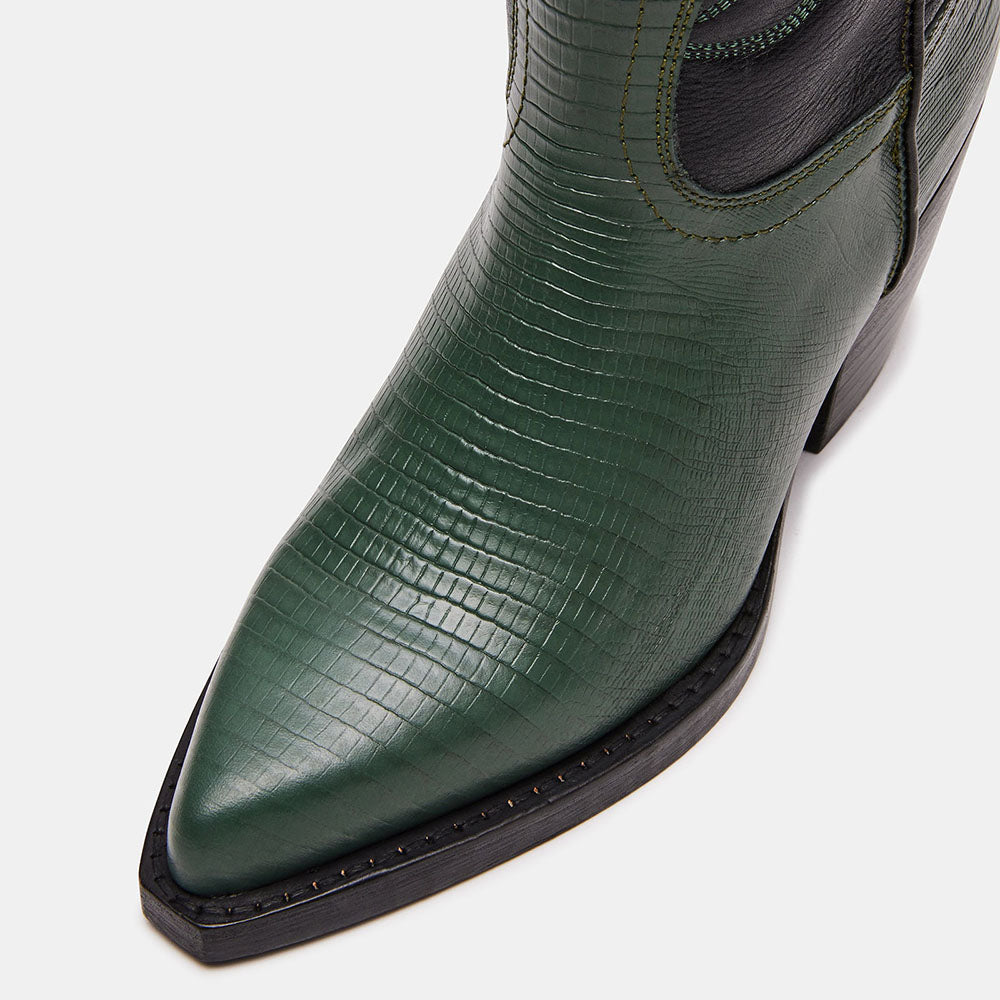 Black & Green Croco Embossed Pointed Toe Mid-Calf Cowgirl Boots
