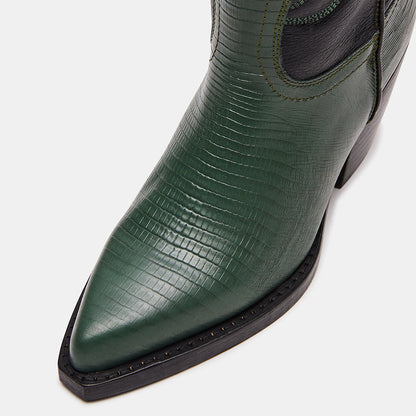 Black & Green Croco Embossed Pointed Toe Mid-Calf Cowgirl Boots