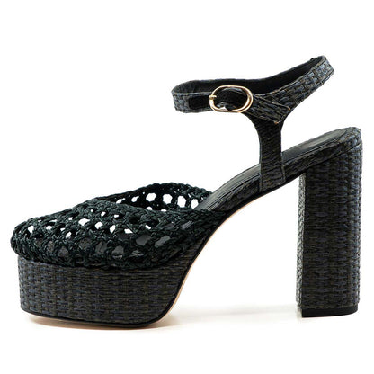 Dark Green Round Toe Woven Ankle Strap Platform High Heels Sandals