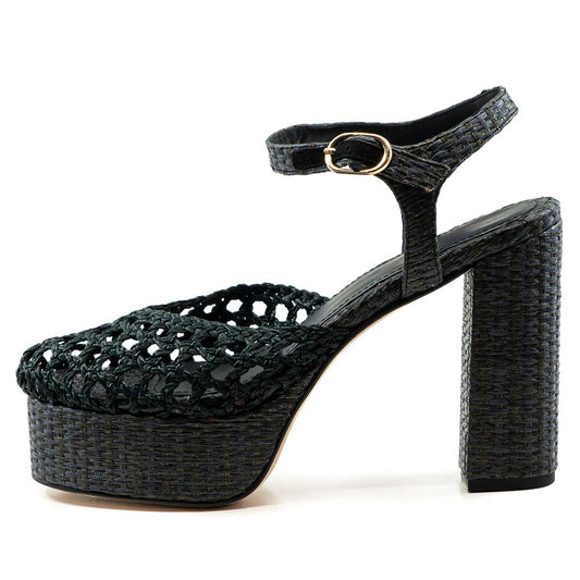 Dark Green Round Toe Woven Ankle Strap Platform High Heels Sandals