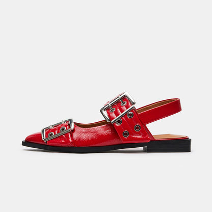 FSJ Red Pointed Toe Stylish Slingback Flats with Grommets Strap