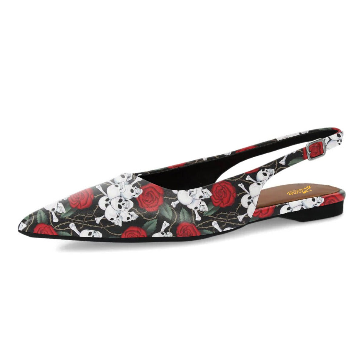 Multicolor Rose and Skull Print Slingback Pointed Toe Flats