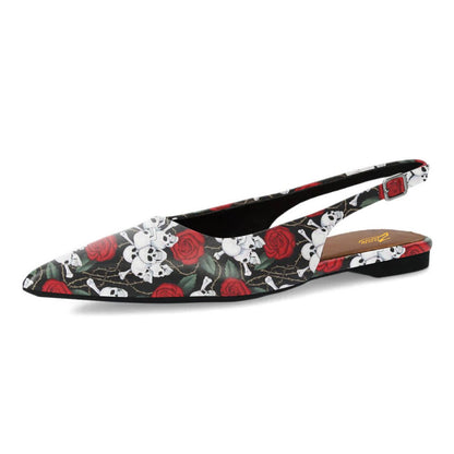 Multicolor Rose and Skull Print Slingback Pointed Toe Flats