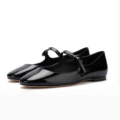 Black Vegan Patent Leather Square Toe Mary Jane Flats for Women