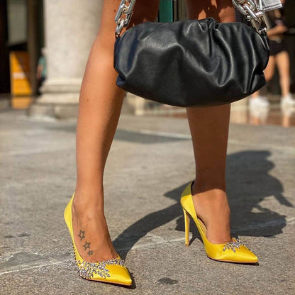 Women's Yellow Pointed Toe Satin Pumps Rhinestone Stiletto Heels