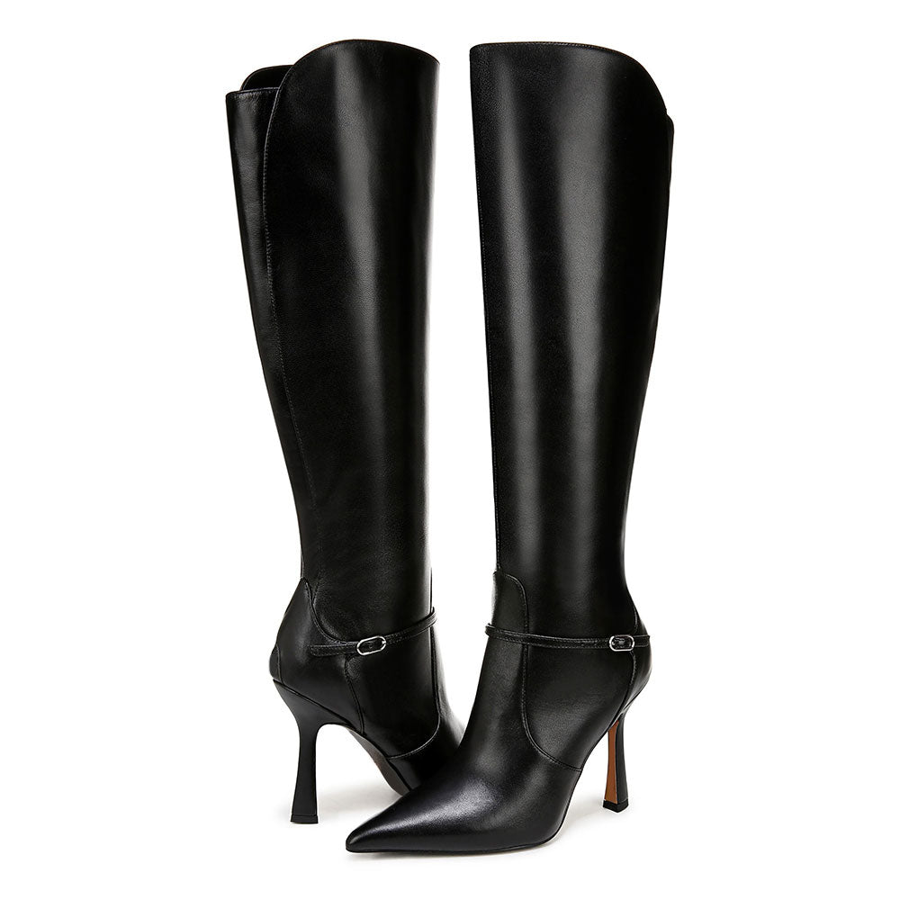 Black Pointy Toe Buckle Strap Detail Knee High Boots with Side Zipper