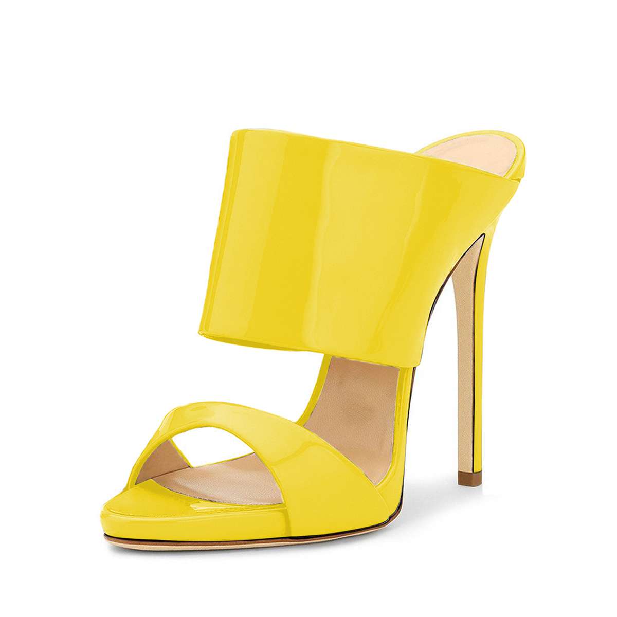 Yellow Patent Leather Open-Toe Stiletto Heel Mules Shoes