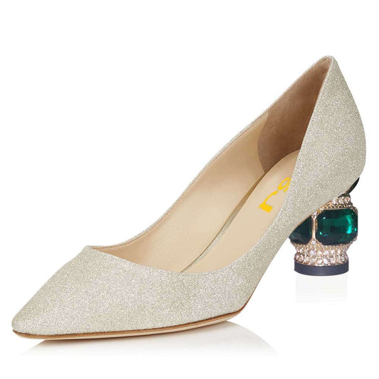 Women's Glitter Pointed Toe Rhinestone Low Heel Pumps