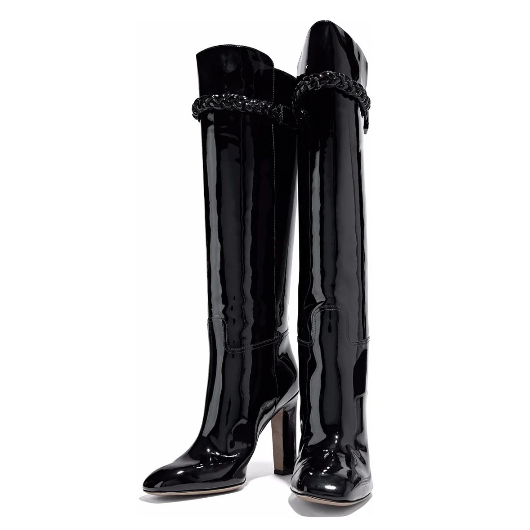 Black Patent Leather Block Heel Braided Strap Knee High Boots