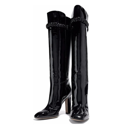 Black Patent Leather Block Heel Braided Strap Knee High Boots