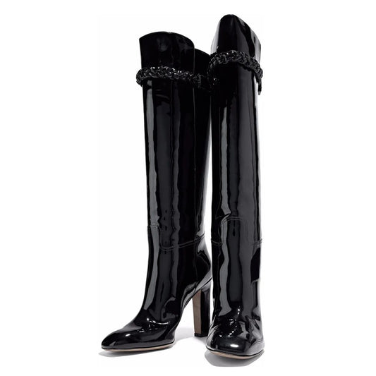 Black Patent Leather Block Heel Braided Strap Knee High Boots