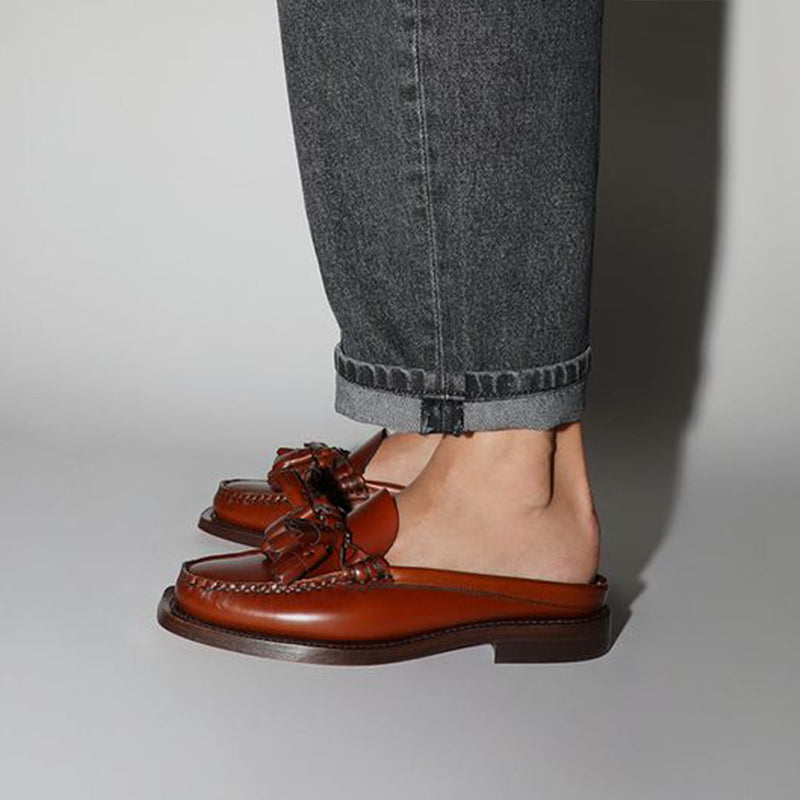 Brown Square Toe Vintage Shoes Block Heel Fringe Mule Loafers