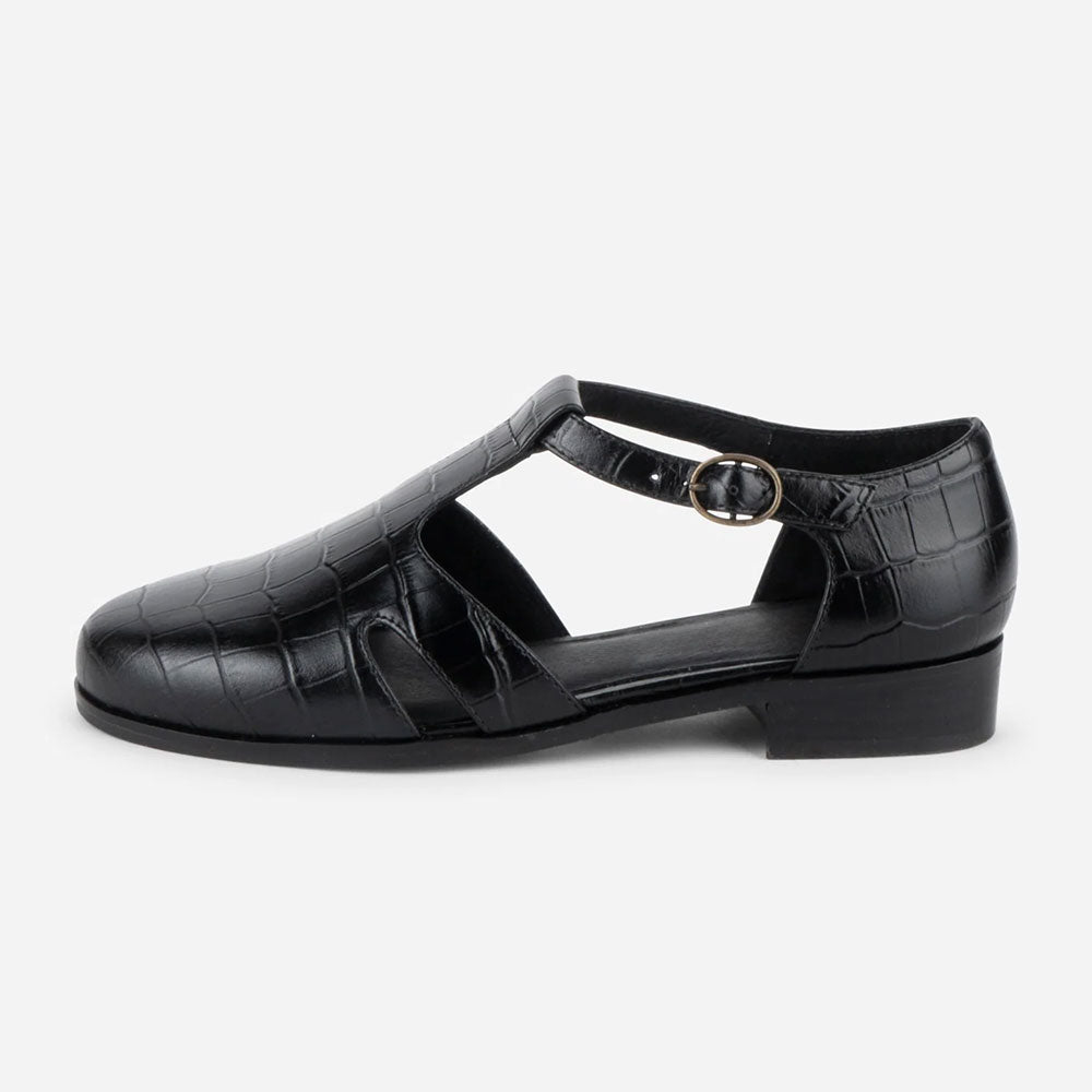 Black Vegan Leather Croc Embossed Round Toe T-Strap Cut-Out Flats