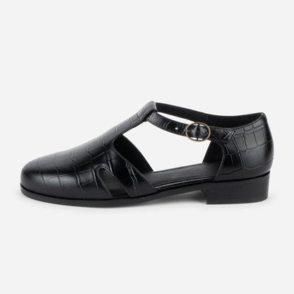 Black Vegan Leather Croc Embossed Round Toe T-Strap Cut-Out Flats
