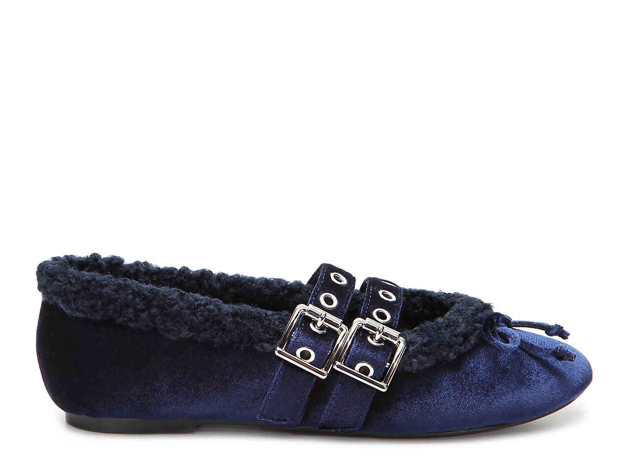 FSJ Velvet Faux Fur Lined Comfy Ballet Flats in Navy Blue