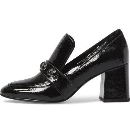 Stylish Black Studded Strap Block Heel Women's Loafers