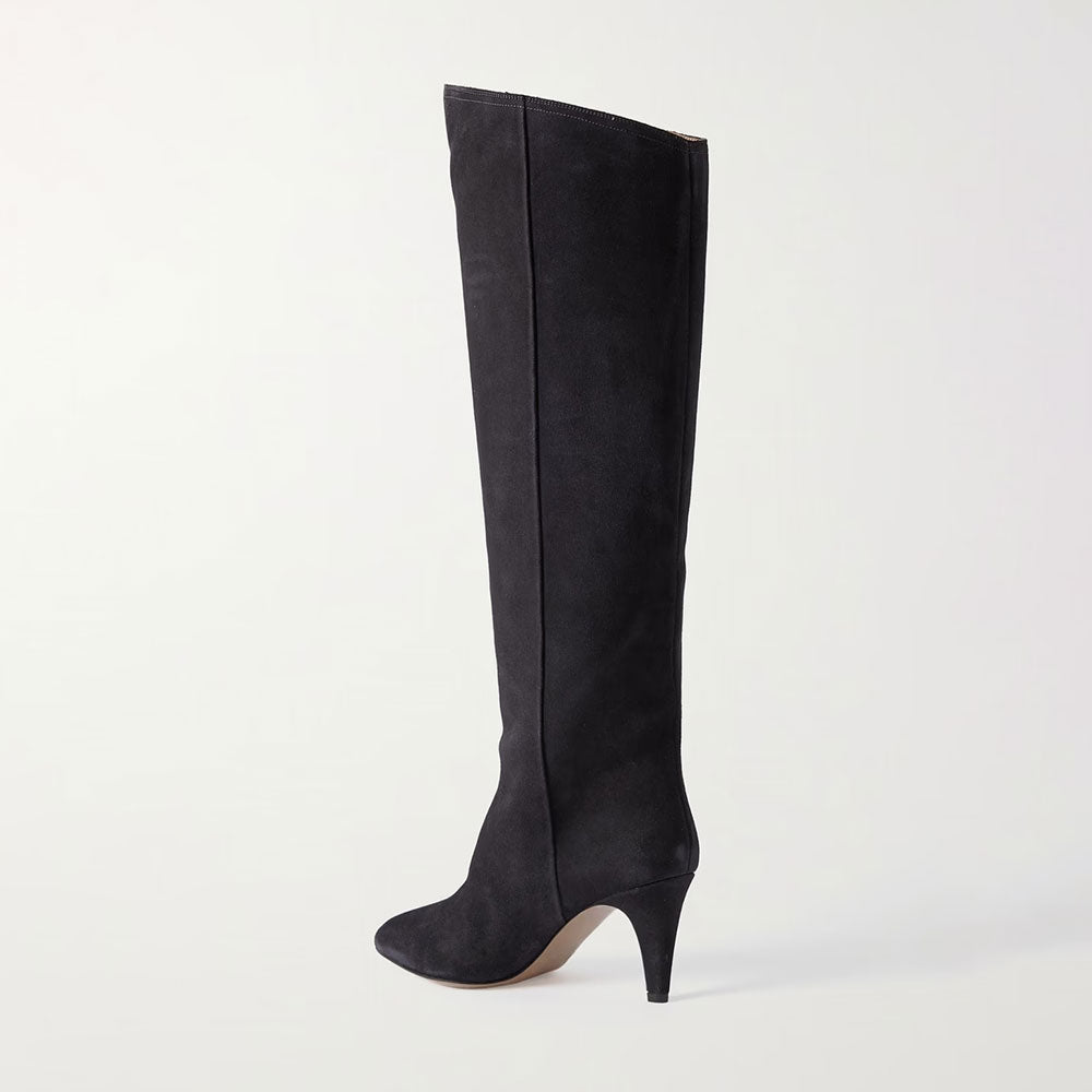 Black Closed-Toe Cone Heels Vintage Vegan Suede Knee High Boots