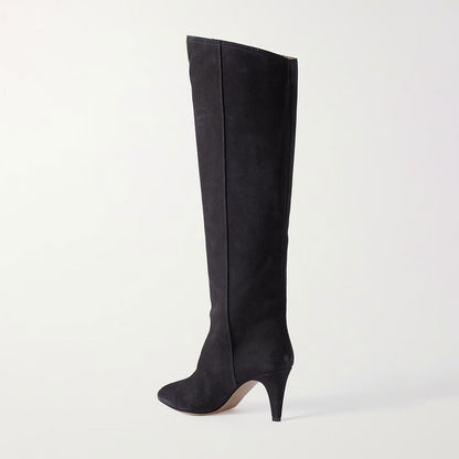 Black Closed-Toe Cone Heels Vintage Vegan Suede Knee High Boots