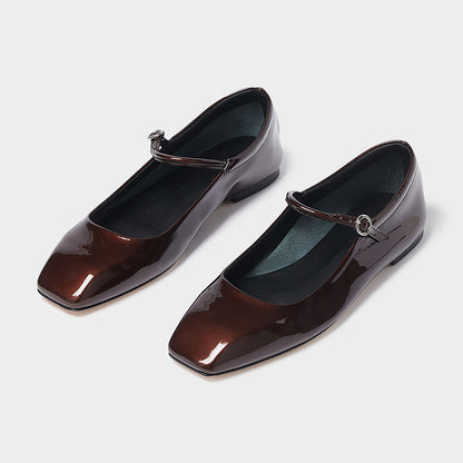 FSJ Brown Patent Leather Square Toe Mary Jane Flats
