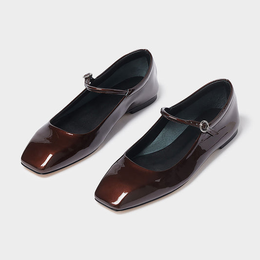 FSJ Brown Patent Leather Square Toe Mary Jane Flats