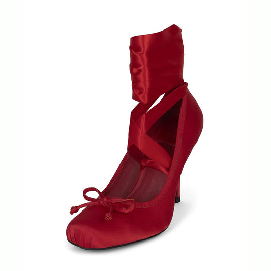 Women's Satin Square Toe Stiletto Heel Lace Up Bow Red Pumps