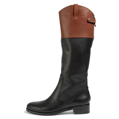 Brown and Black Round-Toe Low Heel Knee High Boots with Zipper