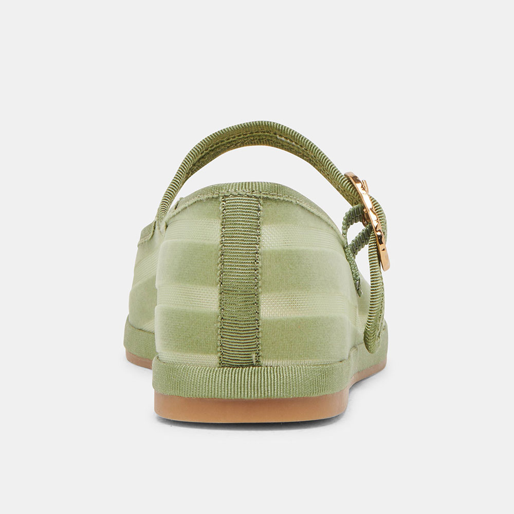 Classic Green Mesh Round Toe Stripes Buckle Strap Flats By FSJ