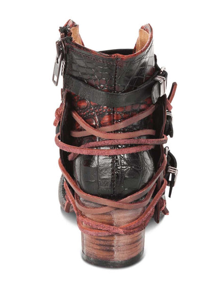 Brown Distressed Vegan Leather Round Toe Buckled Strappy Black Lacing Side-Zipper Ankle Boots With Chunky Heels