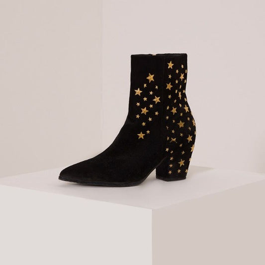 Black Vegan Suede Pointed Toe Block Heel Stars Ankle Boots