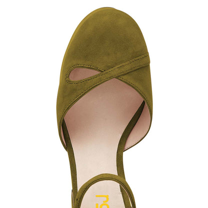 Women's Olive Vegan Suede Ankle Strap Heels Cut Out Platform Pumps