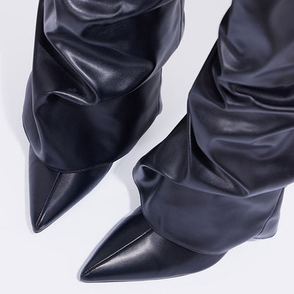 Women's Black Pointed Toe Wrinkled Fold-Over Boots with Stiletto Heel