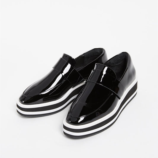 Black Patent Leather Round Toe Platform Loafers for Women