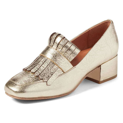 Champagne Square Toe Chunky Heel Fringe Women's Loafers