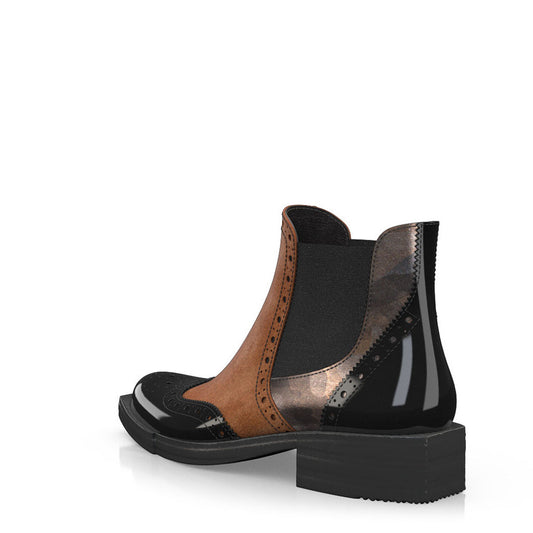 Black & Brown Patent Leather Round Toe Chunky Heel Ankle Boots