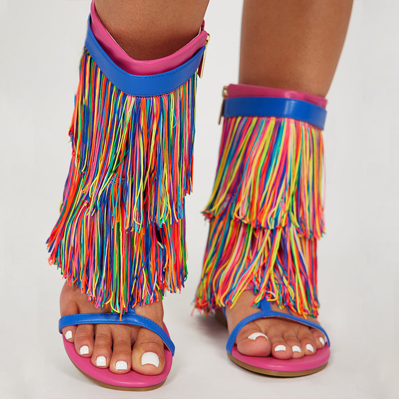 Multicolor Open-Toe Fringe Flats Strappy Mid-Calf Summer Boots