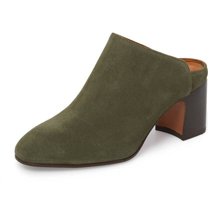 Women's Olive Round Toe Vegan Suede Block Heels Mules Shoes