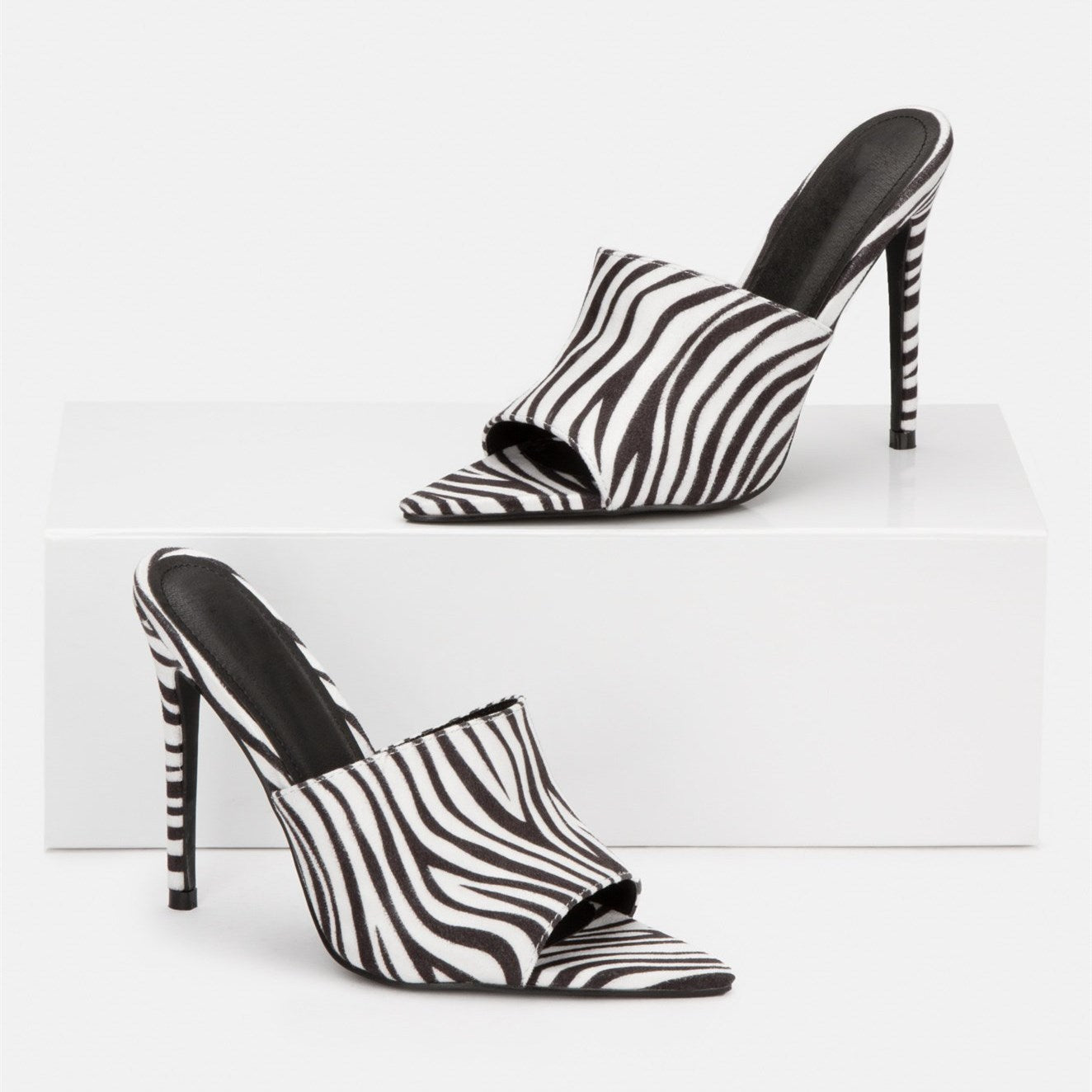 Women's Zebra Print Peep Toe Stiletto Heel Mules Sandals