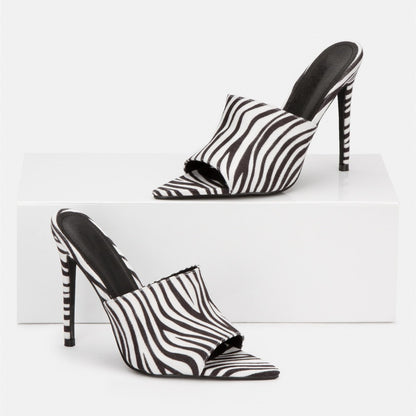 Women's Zebra Print Peep Toe Stiletto Heel Mules Sandals