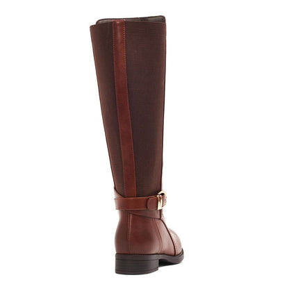 Chic Maroon Round Toe Buckled Strap Knee High Boots with Block Heel
